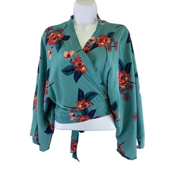 Express Floral Outfit Maxi Skirt Kimono Wrap Top Teal Rayon Womens Large New Tag - Picture 11 of 16